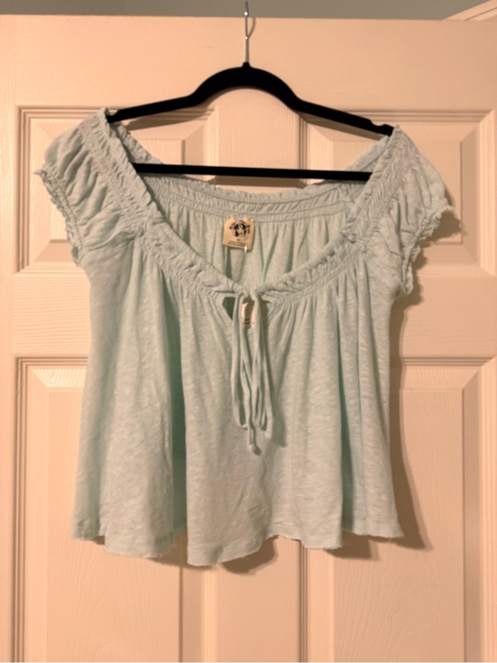 Free People Light Blue Tie-Front Peasant Crop Top
